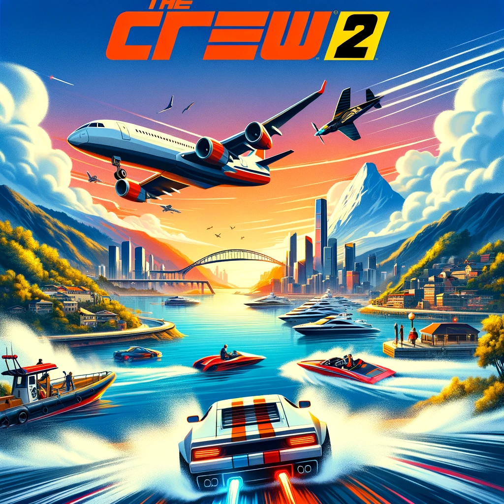 DALL·E 2024-05-20 18.25.12 - Create an image representing the video game The Crew 2. The scene should include a high-speed race with a sports car, a speedboat on water, and a plan