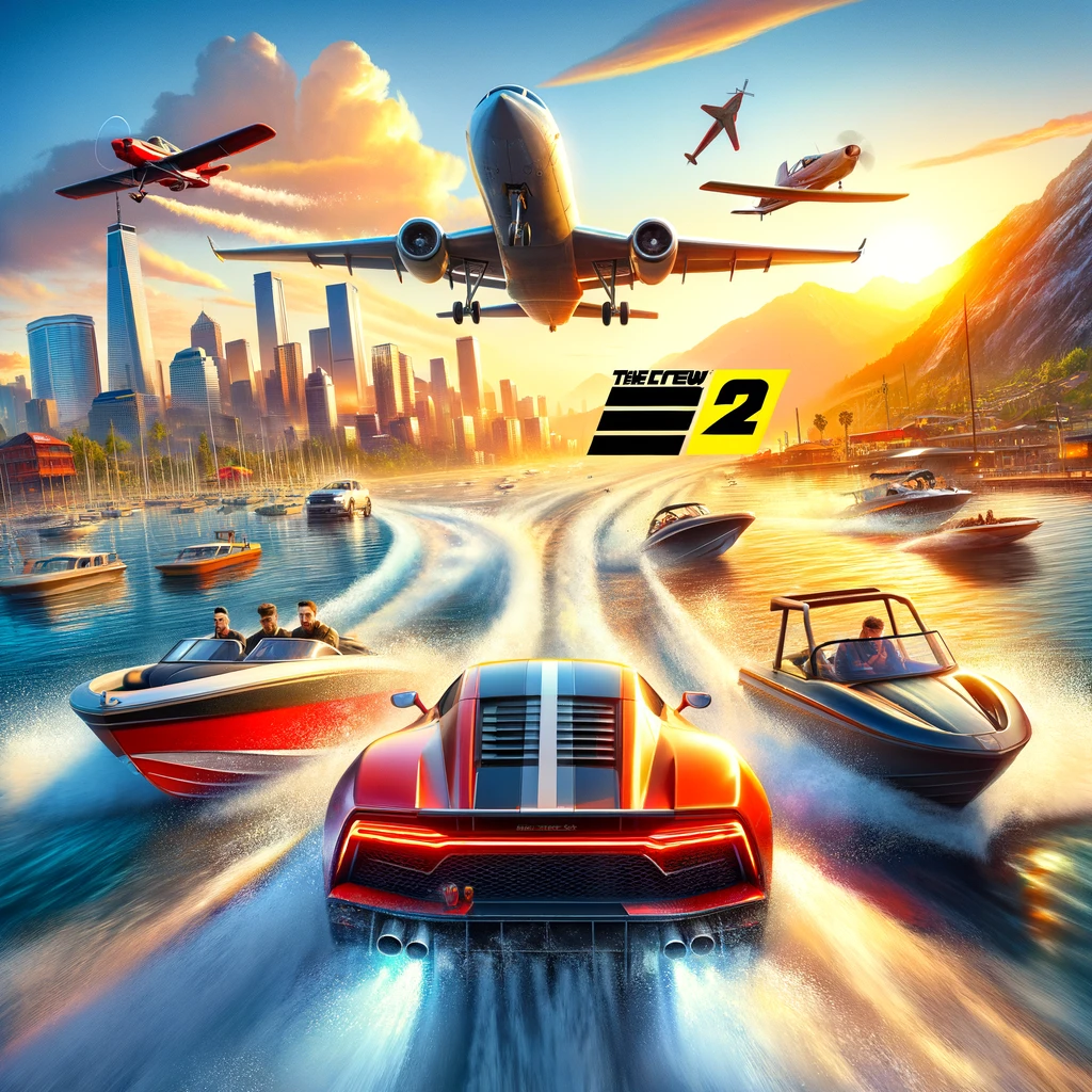 DALL·E 2024-05-20 18.25.17 - Create an image representing the video game The Crew 2. The scene should include a high-speed race with a sports car, a speedboat on water, and a plan