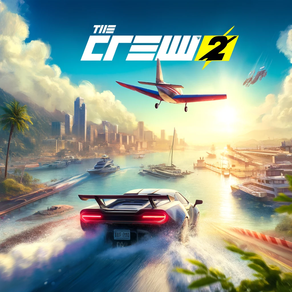 DALL·E 2024-05-20 18.25.19 - Create an image representing the video game The Crew 2. The scene should include a high-speed race with a sports car, a speedboat on water, and a plan
