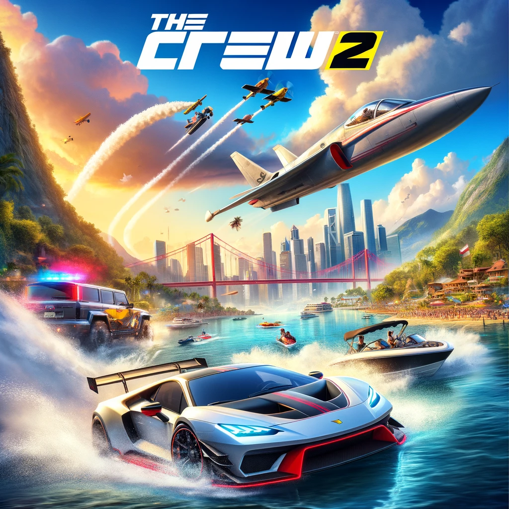 DALL·E 2024-05-20 18.25.20 - Create an image representing the video game The Crew 2. The scene should include a high-speed race with a sports car, a speedboat on water, and a plan